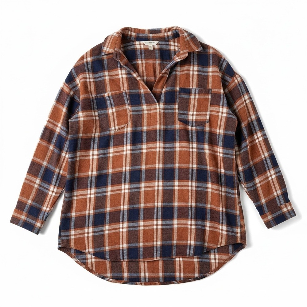 Women's Large Plaid Flannel Tunic Shirt Rust Navy 90s Grunge Oversized